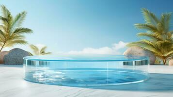 AI generated 3d rendered empty display glass podium on the water Minimal scene for product display presentation photo