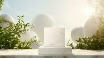 AI generated 3d rendered stone empty display podium with leaves Minimal scene for product display presentation photo