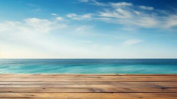 AI generated 3d rendered empty display wooden podium on the water Minimal scene for product display presentation photo