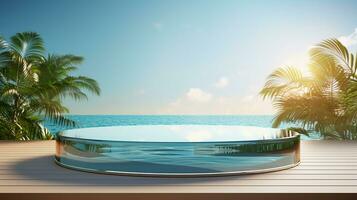 AI generated 3d rendered empty display glass podium on the water Minimal scene for product display presentation photo
