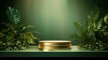 AI generated 3d rendered empty display elegant luxury green and gold theme podium with leaves Minimal scene for product display presentation photo