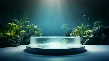 AI generated 3d rendered abstract empty display podium underwater made with stone Minimal scene for product display presentation photo