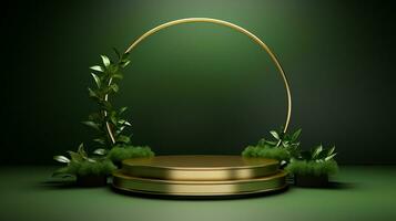 AI generated 3d rendered empty display elegant luxury green and gold theme podium with leaves Minimal scene for product display presentation photo