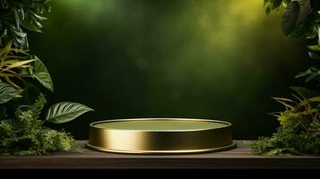 AI generated 3d rendered empty display elegant luxury green and gold theme podium with leaves Minimal scene for product display presentation photo