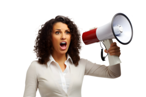 AI generated Photo of woman holds a bullhorn or loudspeaker in her hands. Without background png