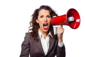 AI generated Photo of woman holds a bullhorn or loudspeaker in her hands. Without background png