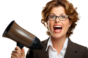 AI generated Photo of woman holds a bullhorn or loudspeaker in her hands. Without background png