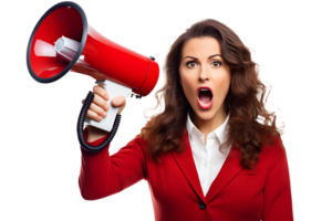 AI generated Photo of woman holds a bullhorn or loudspeaker in her hands. Without background png