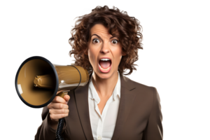 AI generated Photo of woman holds a bullhorn or loudspeaker in her hands. Without background png