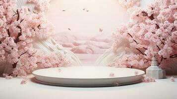 AI generated empty natural stone podium with flowers for showing packaging and product on blurred background, copy space ,3d rendered photo
