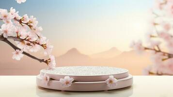 AI generated empty natural stone podium with flowers for showing packaging and product on blurred background, copy space ,3d rendered photo