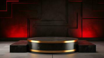 AI generated 3d rendered black and red empty display podium Minimal scene for product display presentation photo