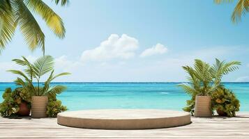 AI generated 3d rendered empty display podium on the water Minimal scene for product display presentation photo