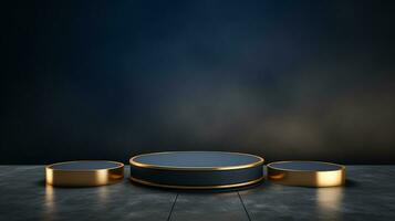 AI generated 3d rendered empty display elegant luxury blue and gold theme podium with leaves Minimal scene for product display presentation photo