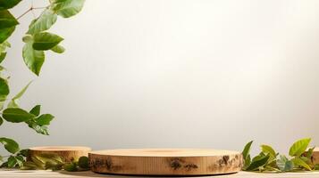 AI generated 3d rendered wooden empty display podium with leaves Minimal scene for product display presentation photo