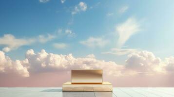 AI generated 3d rendered gold empty display podium with clouds Minimal scene for product display presentation photo