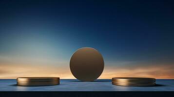 AI generated 3d rendered empty display elegant luxury blue and gold theme podium with leaves Minimal scene for product display presentation photo