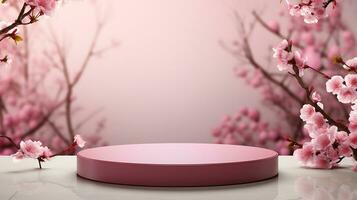 AI generated empty natural stone podium with flowers for showing packaging and product on blurred background, copy space ,3d rendered photo