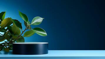 AI generated 3d rendered blue empty display podium with leaves Minimal scene for product display presentation photo