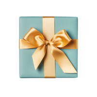 AI generated Top view photo of green present box with gold bow and ribbon. Without background png