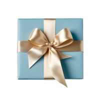 AI generated Top view photo of green present box with gold bow and ribbon. Without background png