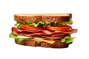 ai generato vicino su foto di grande e gustoso Sandwich senza sfondo. trasparente png dentro