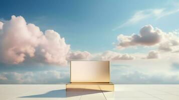 AI generated 3d rendered gold empty display podium with clouds Minimal scene for product display presentation photo