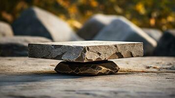 AI generated empty concrete natural stone podium for showing packaging and product on blurred background, copy space ,3d rendered photo