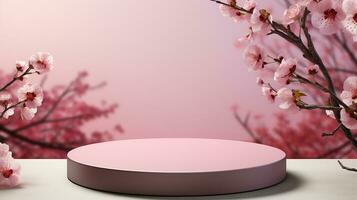 AI generated empty natural stone podium with flowers for showing packaging and product on blurred background, copy space ,3d rendered photo