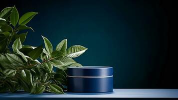AI generated 3d rendered blue empty display podium with leaves Minimal scene for product display presentation photo