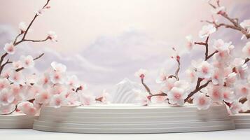 AI generated empty natural stone podium with flowers for showing packaging and product on blurred background, copy space ,3d rendered photo