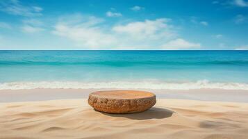 AI generated 3d rendered empty display concrete podium on water Minimal scene for product display presentation photo
