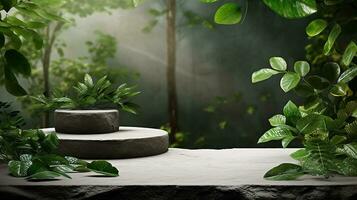 AI generated 3d rendered stone empty display podium with leaves Minimal scene for product display presentation photo