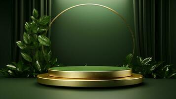 AI generated 3d rendered empty display elegant luxury green and gold theme podium with leaves Minimal scene for product display presentation photo