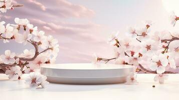 AI generated empty natural stone podium with flowers for showing packaging and product on blurred background, copy space ,3d rendered photo
