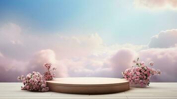 AI generated empty natural stone podium with flowers for showing packaging and product on blurred background, copy space ,3d rendered photo