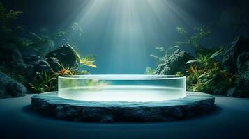 AI generated 3d rendered abstract empty display podium underwater made with stone Minimal scene for product display presentation photo