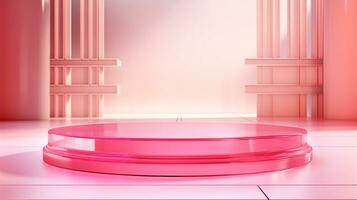 AI generated 3d rendered empty display pink glass podium Minimal scene for product display presentation photo