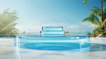 AI generated 3d rendered empty display glass podium on the water Minimal scene for product display presentation photo