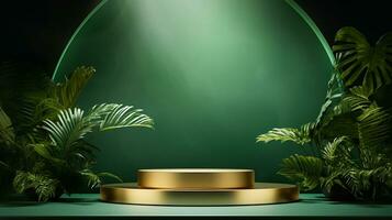 AI generated 3d rendered empty display elegant luxury green and gold theme podium with leaves Minimal scene for product display presentation photo