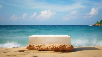 AI generated 3d rendered empty display concrete podium on water Minimal scene for product display presentation photo