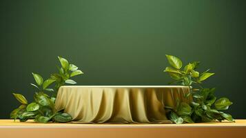 AI generated 3d rendered empty display elegant luxury green and gold theme podium with leaves Minimal scene for product display presentation photo