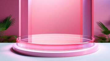 AI generated 3d rendered empty display pink glass podium Minimal scene for product display presentation photo