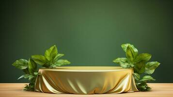 AI generated 3d rendered empty display elegant luxury green and gold theme podium with leaves Minimal scene for product display presentation photo