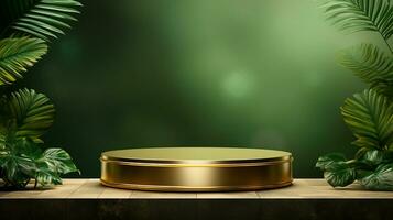 AI generated 3d rendered empty display elegant luxury green and gold theme podium with leaves Minimal scene for product display presentation photo