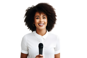 ai gerado jovem afro-americano menina com microfone dentro dela mãos dá uma discurso. conceito para Falando às o negócio Encontros. sem fundo png