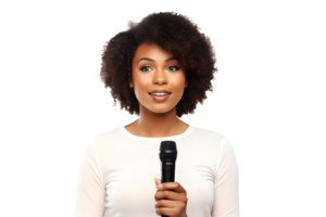 AI generated Young African-American girl with microphone in her hands gives a speech. Concept for speaking at business meetings. Without background png