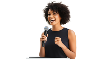 ai generiert jung Afroamerikaner Mädchen mit Mikrofon im ihr Hände gibt ein Rede. Konzept zum Sprechen beim Geschäft Sitzungen. ohne Hintergrund png