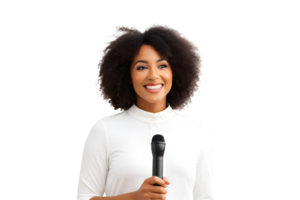 ai généré Jeune Afro-américain fille avec microphone dans sa mains donne une discours. concept pour Parlant à affaires réunions. sans pour autant Contexte png
