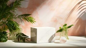 AI generated 3d rendered stone empty display podium with leaves Minimal scene for product display presentation photo